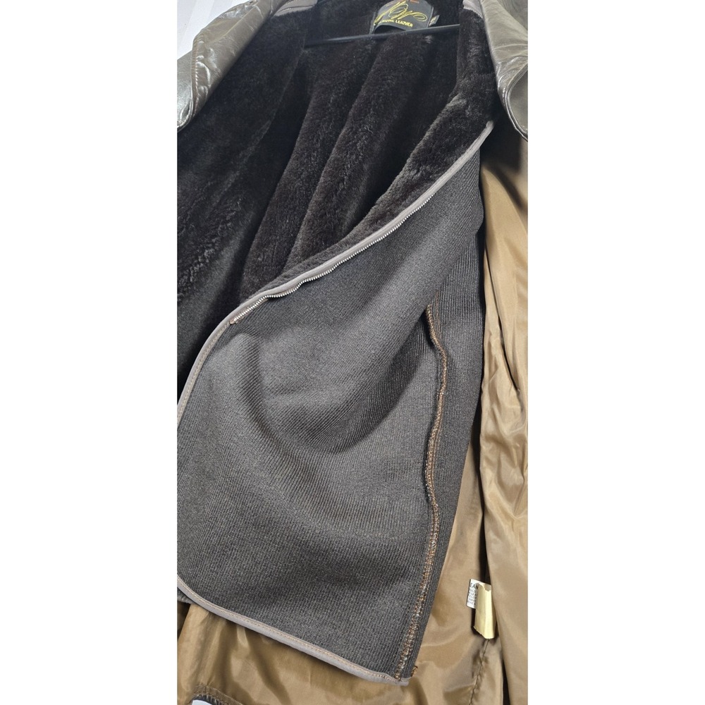 Vintage 70s Montgomery Ward MW Leather Coat 46 Tall Brown Car Coat Faux Fur Line - Picture 5 of 13